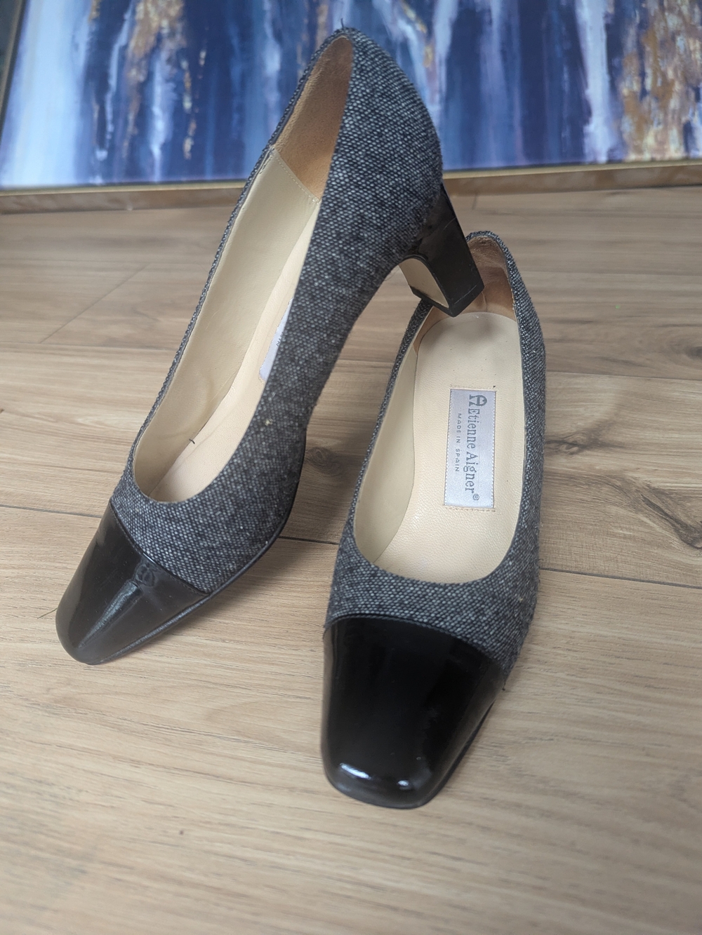 Etienne Aigner Strada Tweed Pumps 6.5M Gray Black Chanel Style Block Heel